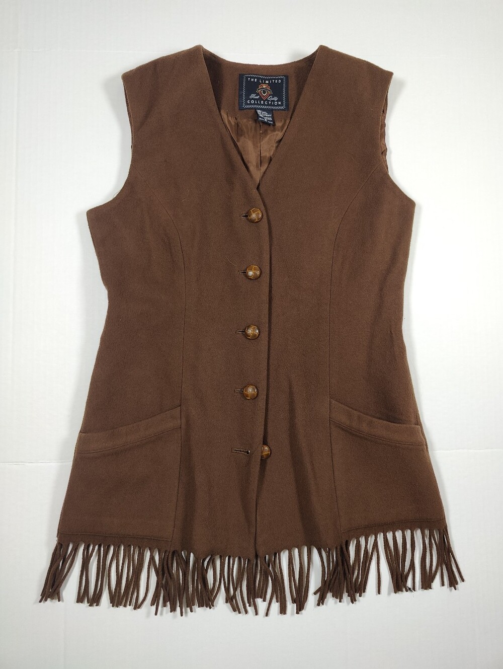 Vintage The Limited Womens Wool Cashmere Brown Western Cowgirl Fringe Vest Sz S